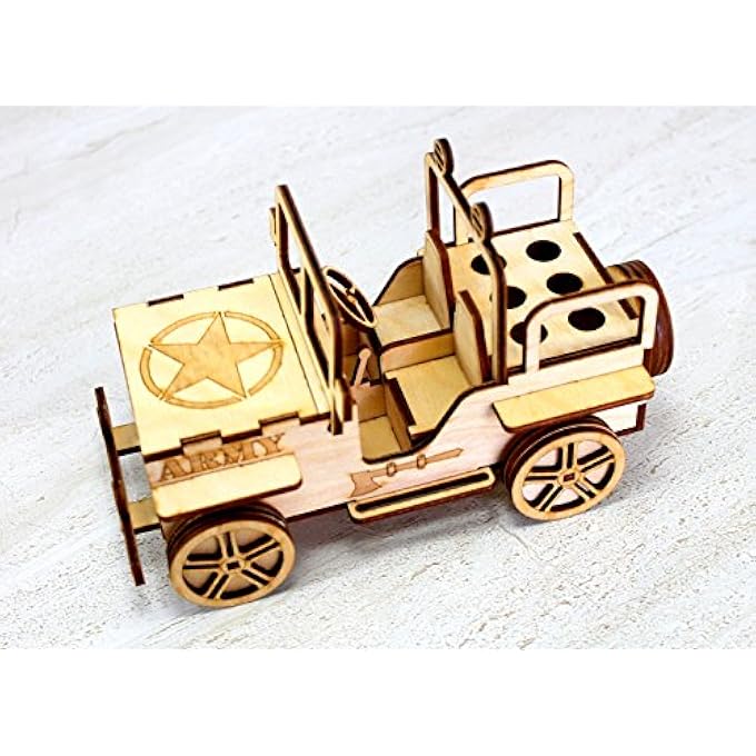 WOODEN 3D PUZZLE MILITARY JEEP - DESK ORGANIZER, PEN STAND, CARD HOLDER - EASY TO ASSEMBLE - Image 2